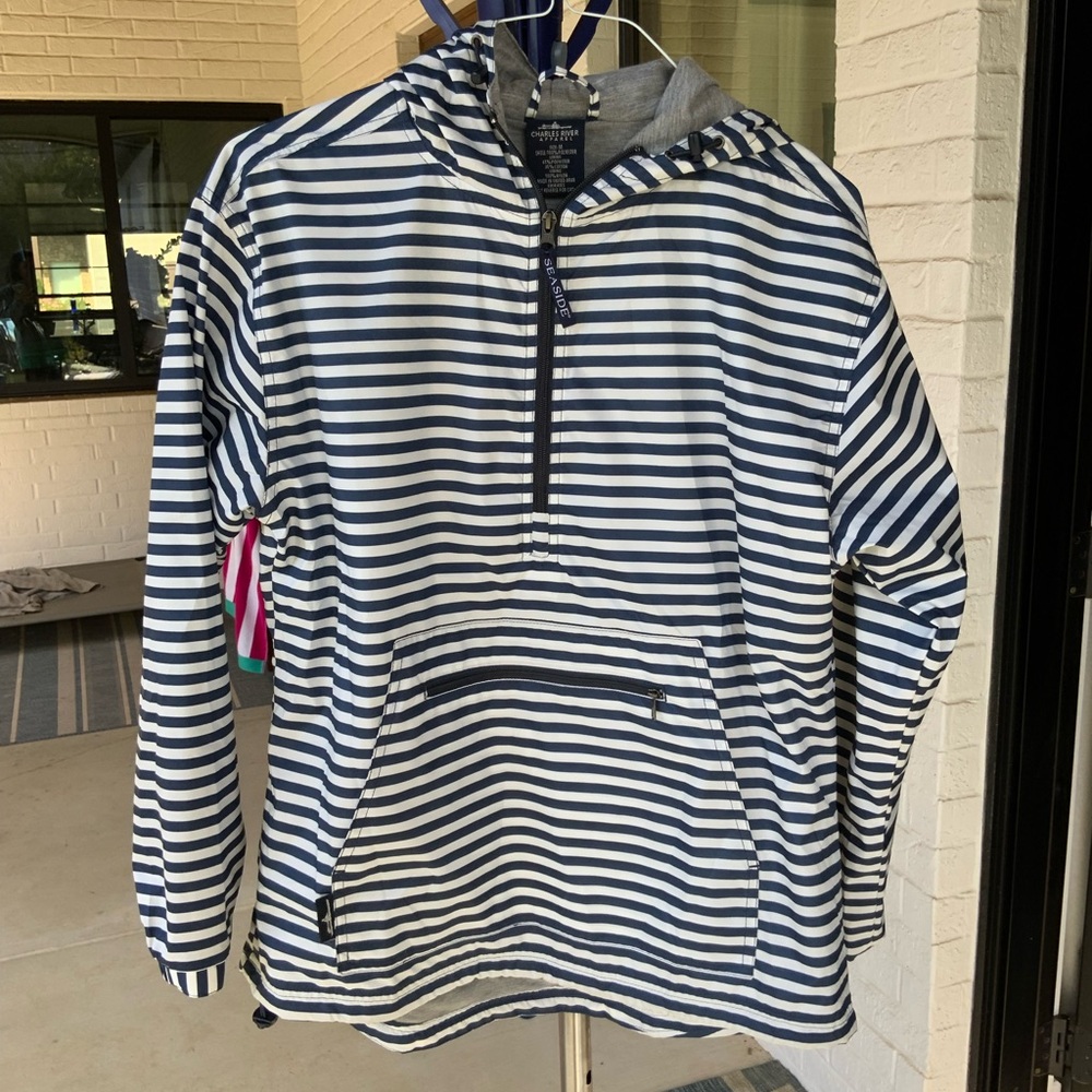 Charles River Apparel Navy and White Striped Hooded Pullover lined windbreaker